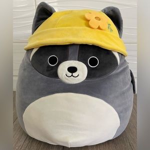 🦝 16” Rocky the Raccoon 🦝 w/ Yellow Bucket Hat with flower 🌸 Squishmallow